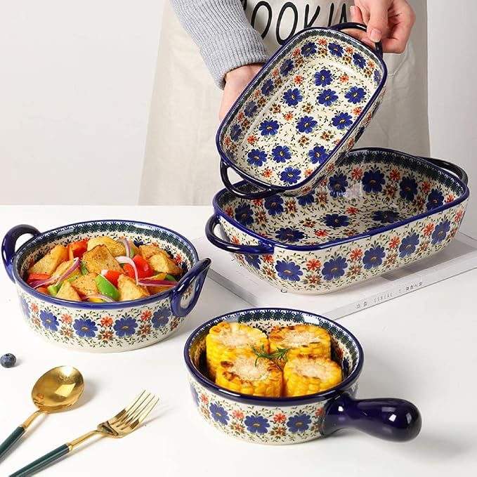 Vintage Style Blue Flowers Phalaenopsis Pottery Bakeware Ceramic Casserole Dish - Image 4