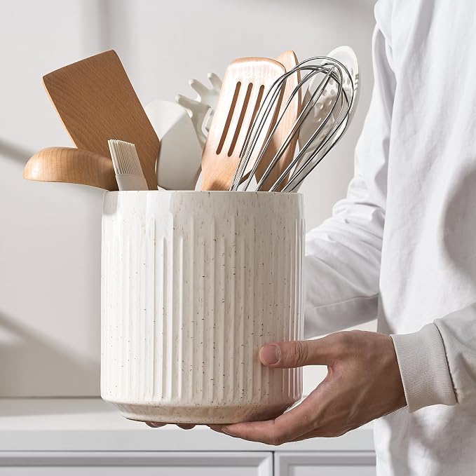 JIEMEI HOME Kitchen Utensil Holder, 7.2" Large Ceramic Stable Utensil Crock - Image 5