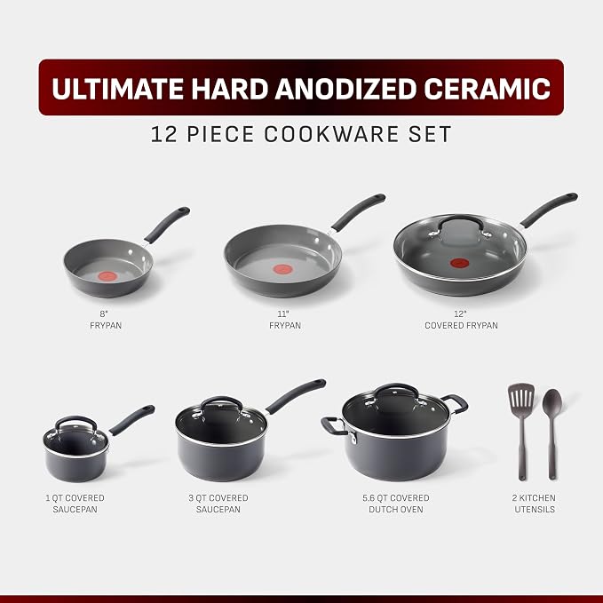 T-Fal Ultimate Hard Anodized 12-Piece Ceramic Nonstick Cookware Set, Oven Safe - Image 2