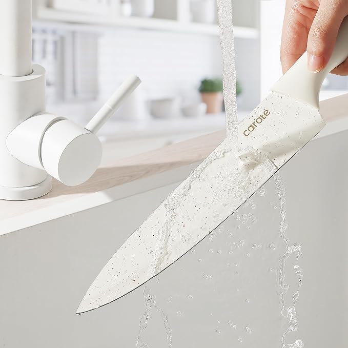 CAROTE 15Piece Knife Set, Kitchen Knife Block Set, Elegant White Ceramic-Coated - Image 7