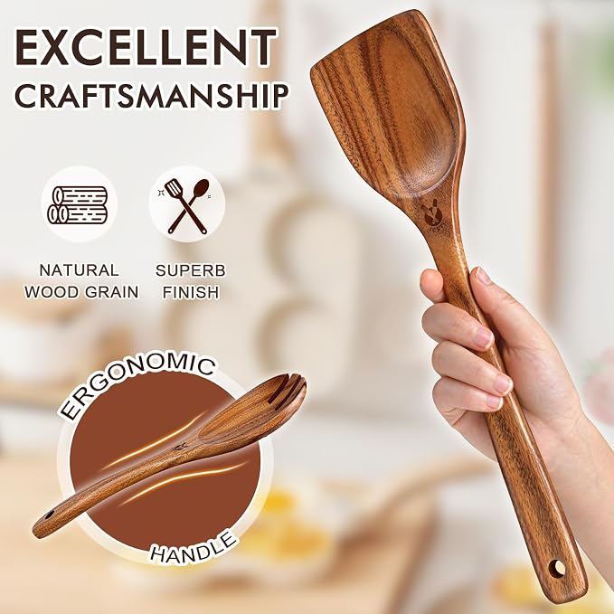 Wooden Spoons for Cooking, Comfortable Grip Wooden Utensil Set for Nonstick - Image 5