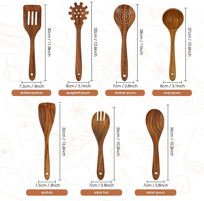 comfoyar Wooden Kitchen Cooking Utenails Set, 7 Pieces Natural Teak Wooden - Image 2