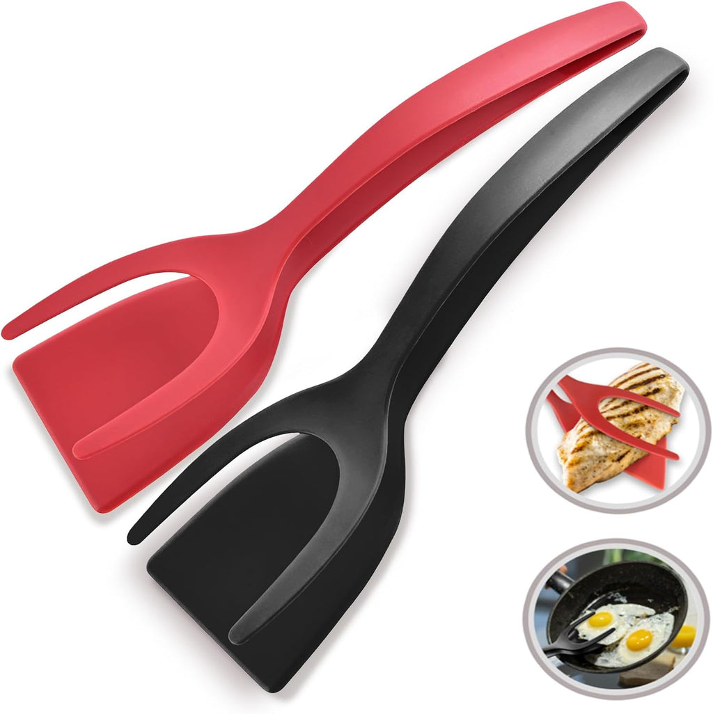 2 in 1 Flipper Spatula with tongs - Nylon Easy Grip Flip Spatula for