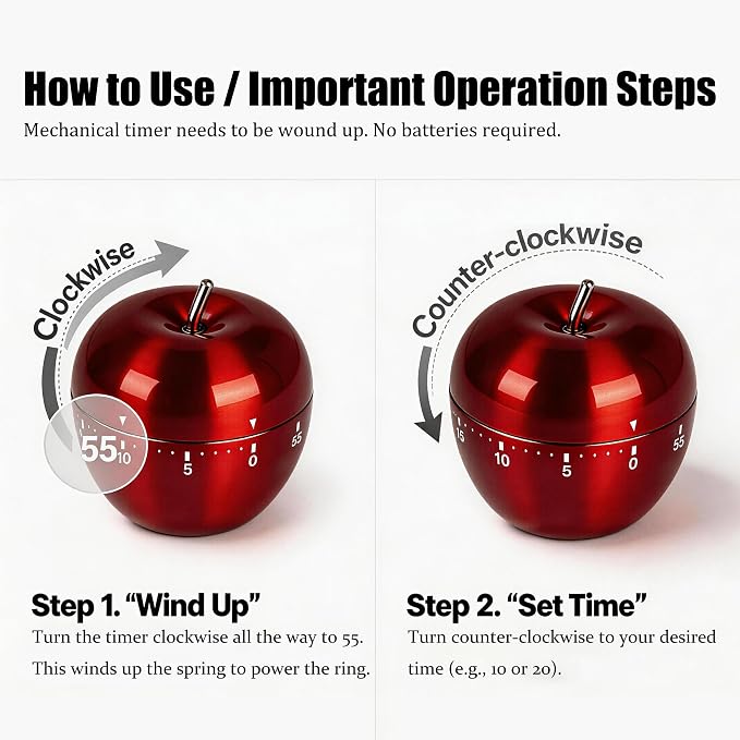 Stainless Steel Apple Kitchen Timer, Mechanical 60-Minute Manual Countdown - Image 3