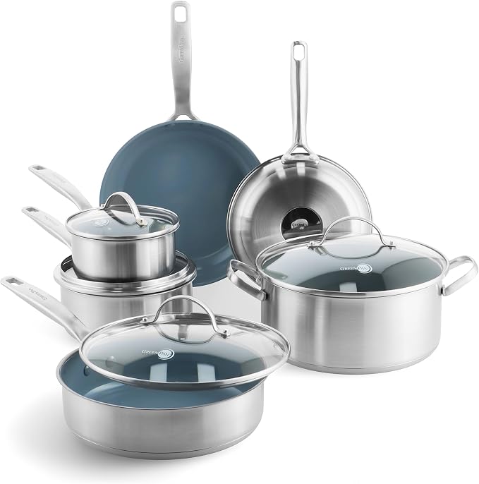 GreenPan Treviso 10 Piece Cookware Set, Non-Toxic PFAS-Free Stainless Steel by GreenPan