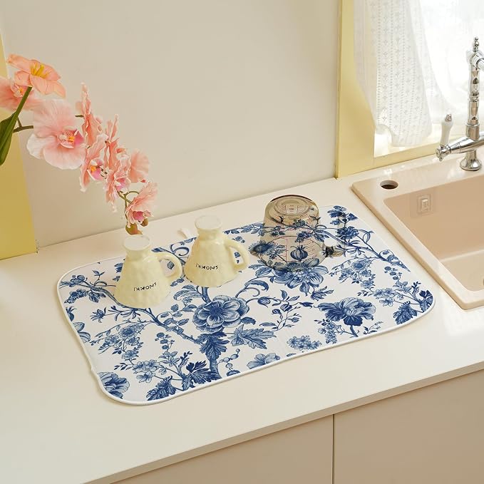 Vintage Blue Dish Drying Mat 18x24 Inch Chinoiserie Navy Blue Floral Drying Mat - Image 4