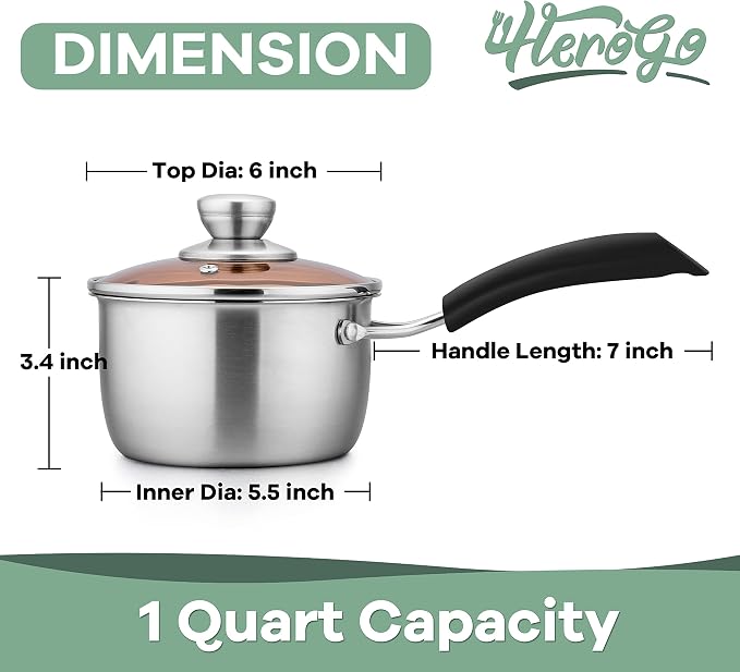 Herogo 1 Quart Saucepan with Lid, 18/10 Stainless Steel Small Sauce Pan Pot - Image 2