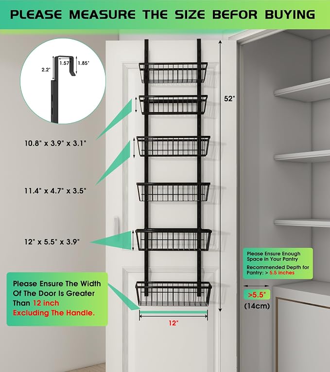 Mefirt 12 Inch Wide Narrow Over The Door Pantry Organizer, Pantry Organization - Image 2