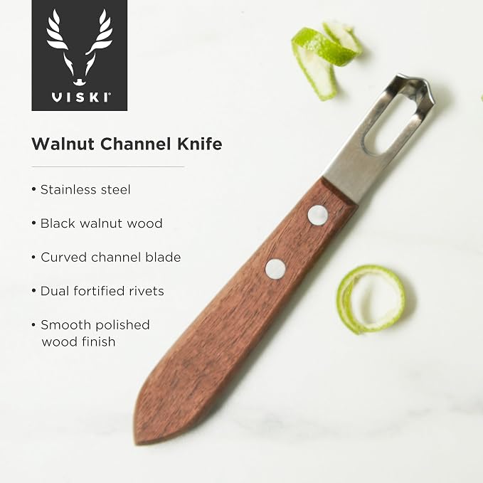 Viski Channel Knife, Citrus Zester and Orange Peeler Tool, Walnut Wood and - Image 2