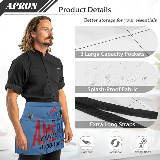 Server Apron with 3 Pockets, Waterproof Oil Waitress Waiter Half Apron - Image 6