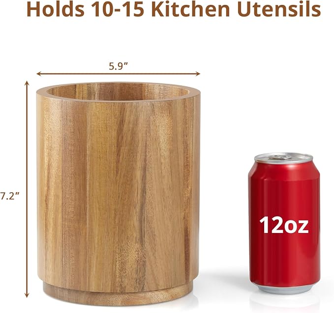 Bivvclaz Acacia Wood Utensil Holder, 360°Rotating 7.2" Utensil Holder - Image 2