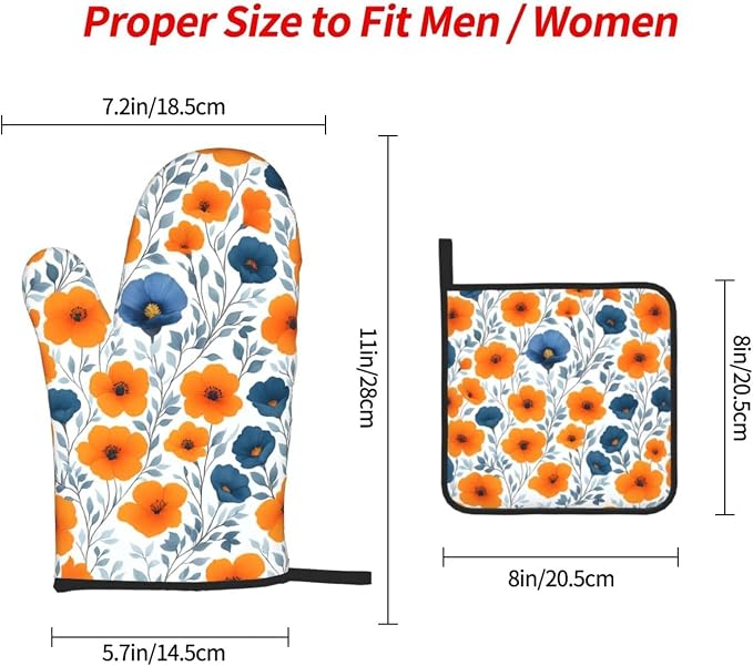 Spring Orange Blue Floral Oven Mitts and Pot Holders Sets of 3, Heat Resistant - Image 9