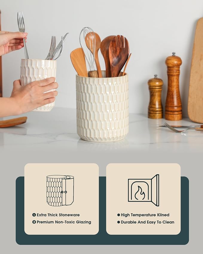 Utensil Holder, 7.5"+5.3" Ceramic Kitchen Utensil Holder - Image 7
