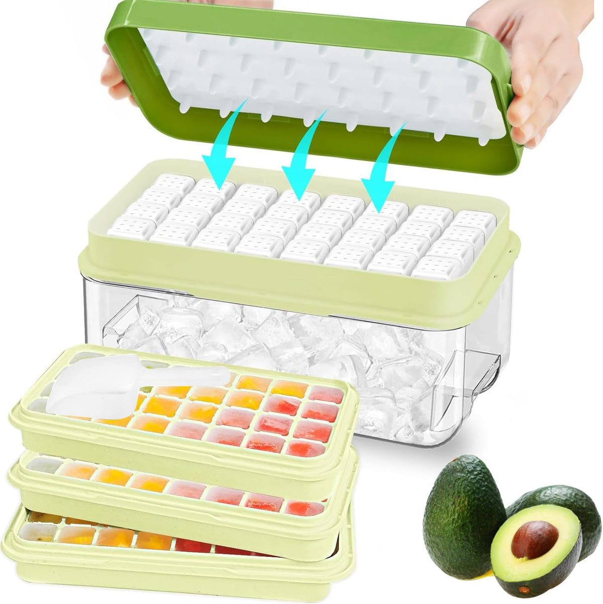 Ice Cube Tray, Ice Tray with Lid and Bin and Ice Scoop, Ice Cube Pop