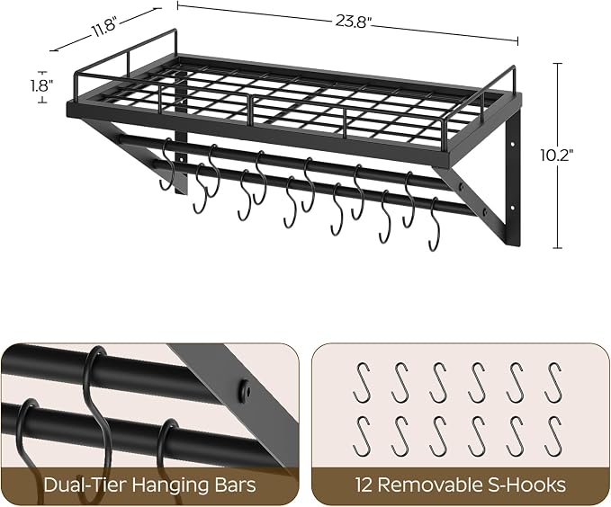 YATINEY Wall Mounted Pot Rack, 23.8 Inch Pot and Pan Organizer - Image 3