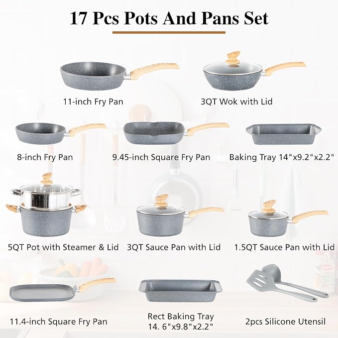 DishDelight 17 Piece Pots and Pans Set Non Stick, Granite Nonstick Cookware Set - Image 7