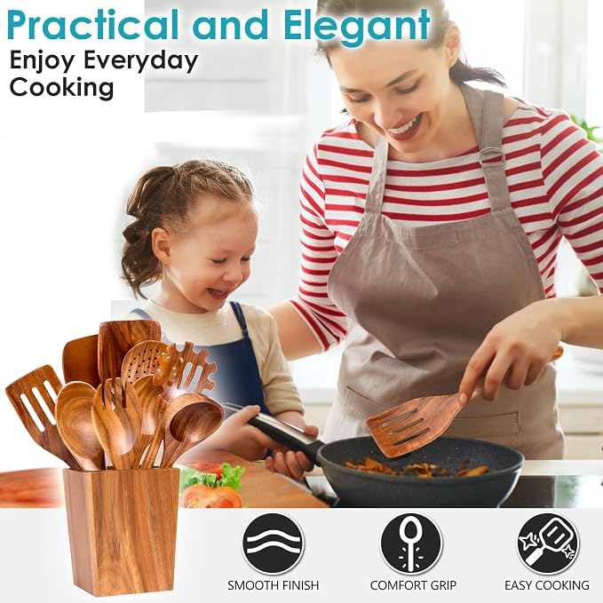 HOWHONG Wooden Spoons for Cooking, Premium Acacia Wood Kitchen Utensil Set - Image 5