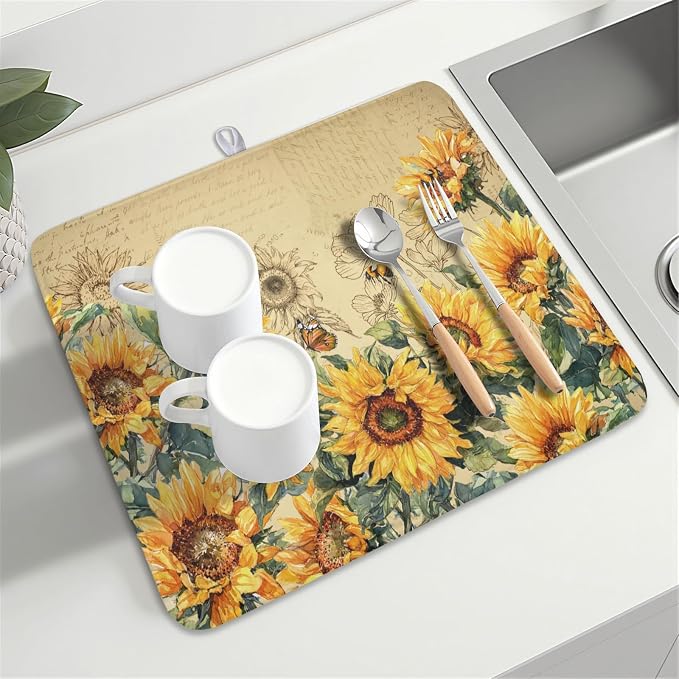 Sunflower Dish Drying Mat for Kitchen Counter Vintage Yellow Sunflowers - Image 8