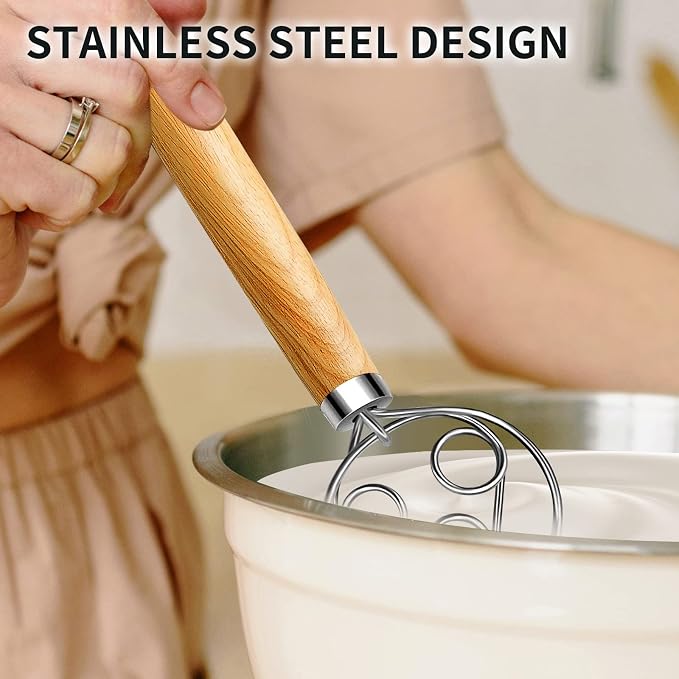 TEEVEA Danish Dough Whisk for Bread Sourdough, Wooden Handle & Stainless Steel - Image 5