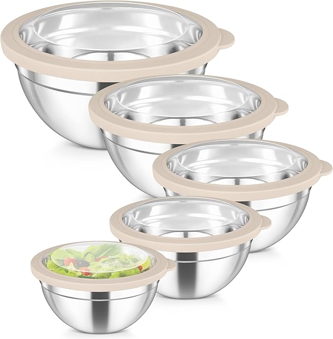 TeamFar Mixing Bowls, 4.5/3/1.5/1/0.7 QT Stainless Steel Nesting Salad Bowls by TeamFar