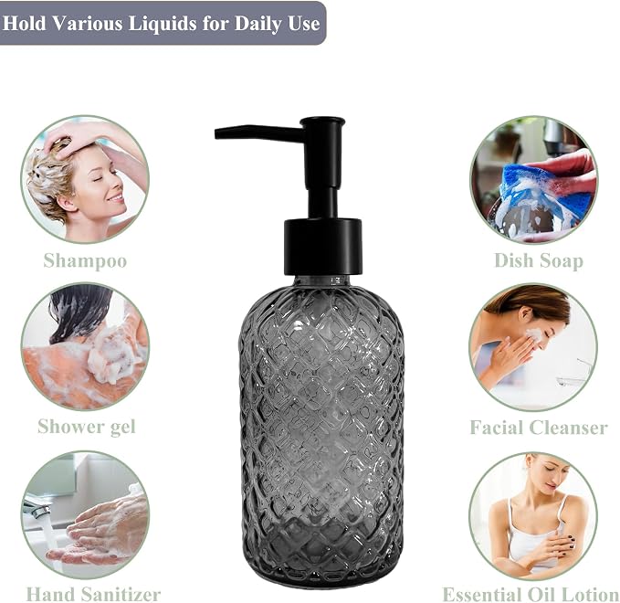 Grey Glass Soap Dispenser with Black Plastic Pump, 13.5oz Refillable Liquid - Image 5