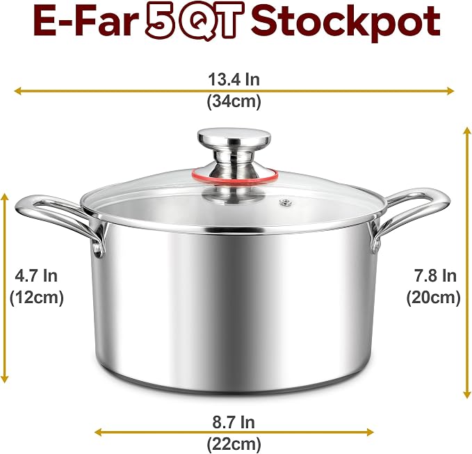 E-far 5 Quart Stock Pot with Lid, 18/10 Tri-ply Stainless Steel Stockpot - Image 2