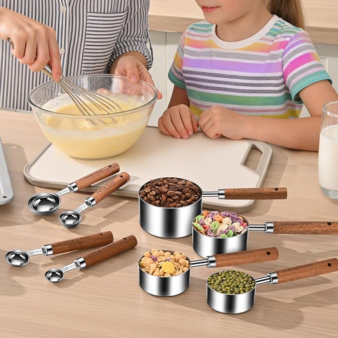 Stainless Steel Measuring Cups and Spoons Set of 8, Stackable Wooden Handle - Image 9