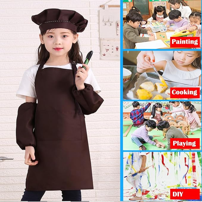 Kids Apron Set Chef Hat Sleeve Outfit Costume Toddler Girl Boy Aprons Cooking - Image 7