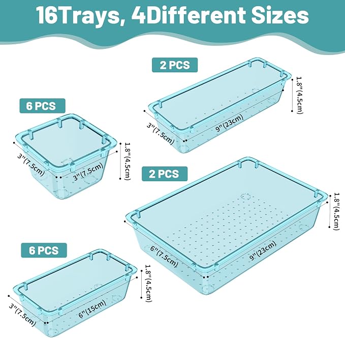 WOWBOX 16 PCS Plastic Drawer Organizer Set, 4 Sizes Desk Drawer Organization - Image 3