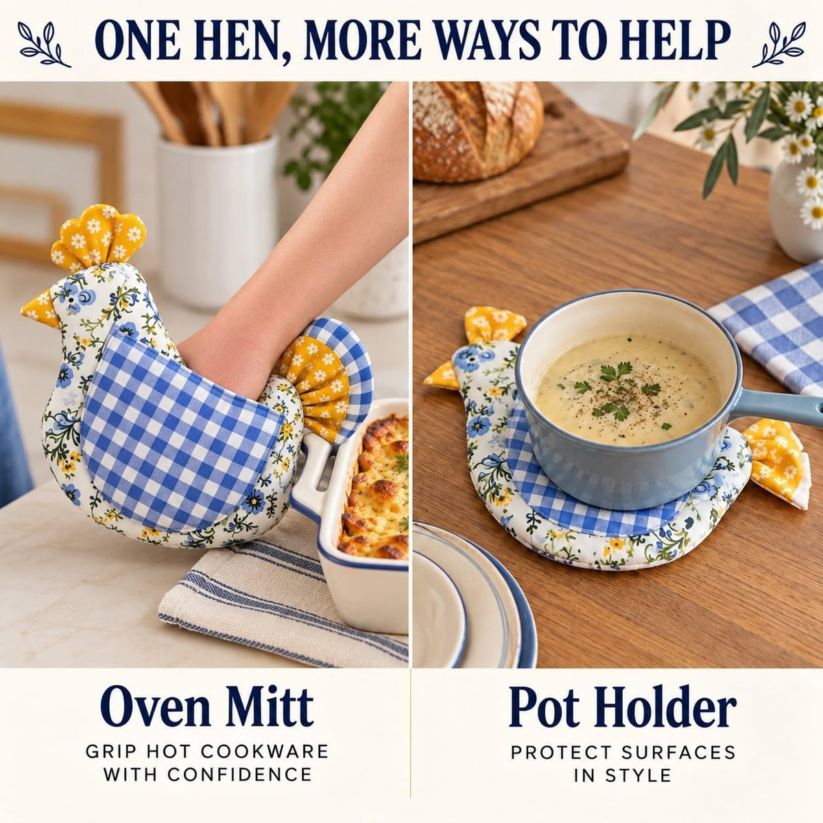Handmade Hen Shaped Oven Mitt & Pot Holder Set