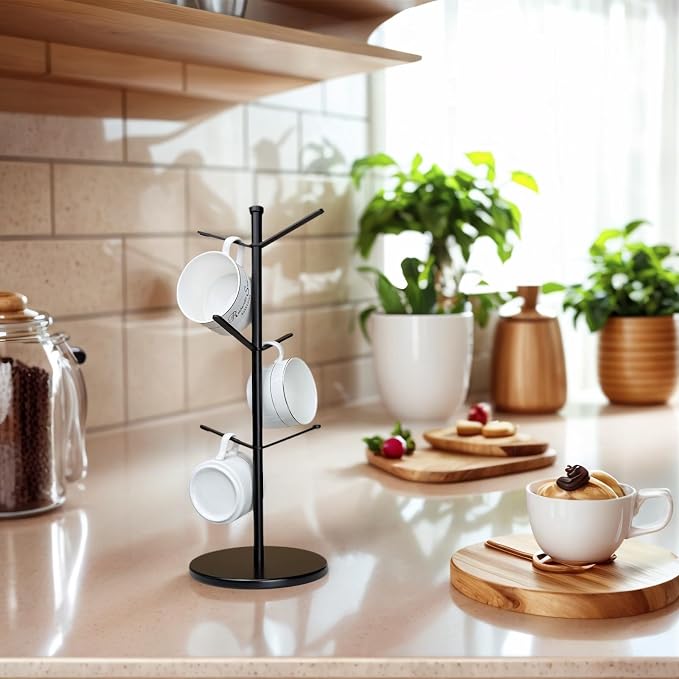 Premium Mug Tree, 6 Hooks Upgraded Stable Metal Mug Holder, Bamboo Base Coffee - Image 5