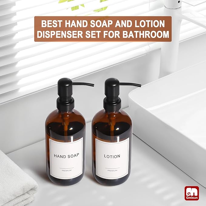GMISUN Amber Glass Soap Dispenser, 2 Pack Bathroom Hand Soap Dispensers - Image 6