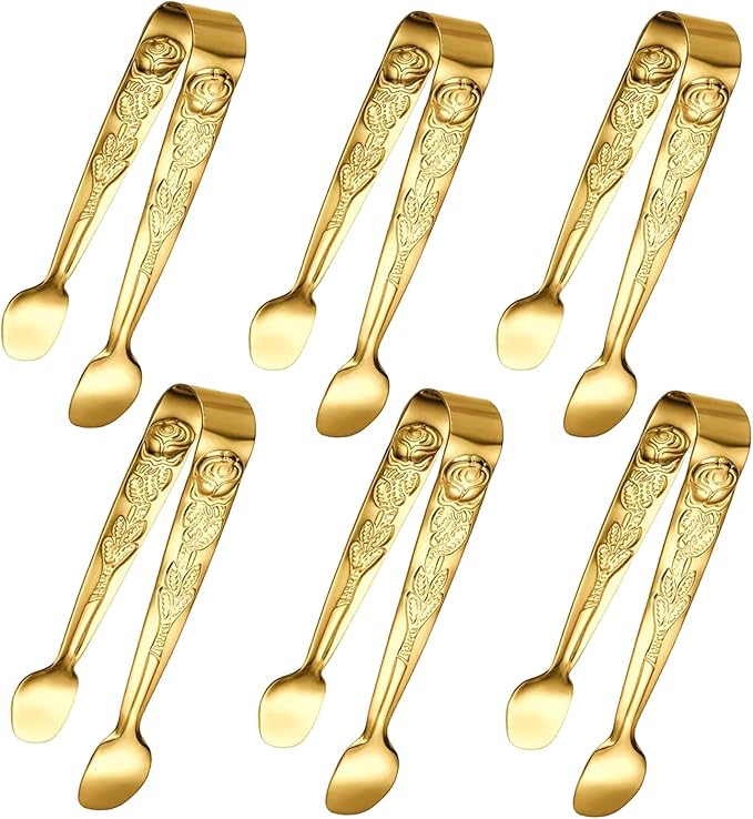 6PCS Mini Serving Tongs, 4Inch Rose Stainless Steel Sugar Cube Tong, Sliver by Sunenlyst