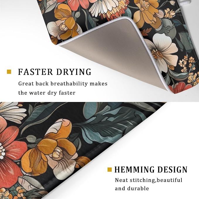Vintage Floral Dish Drying Mat 18x24 inch Boho Flower Drainer Mats Fast Dry - Image 3