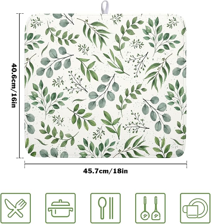 Kawani Sage Green Dish Drying Mat 16x18 In Absorbent Reversible Eucalyptus - Image 2