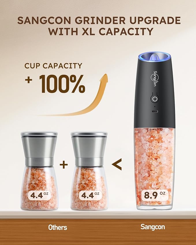 Sangcon Gravity Electric Salt and Pepper Grinder Set Shakers - Image 2