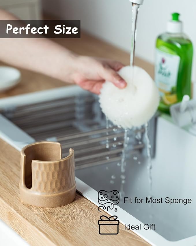 Zoeeker Sponge Holder for Kitchen Sink, Ceramic Sink Caddy Scrub Sponge Tray - Image 5