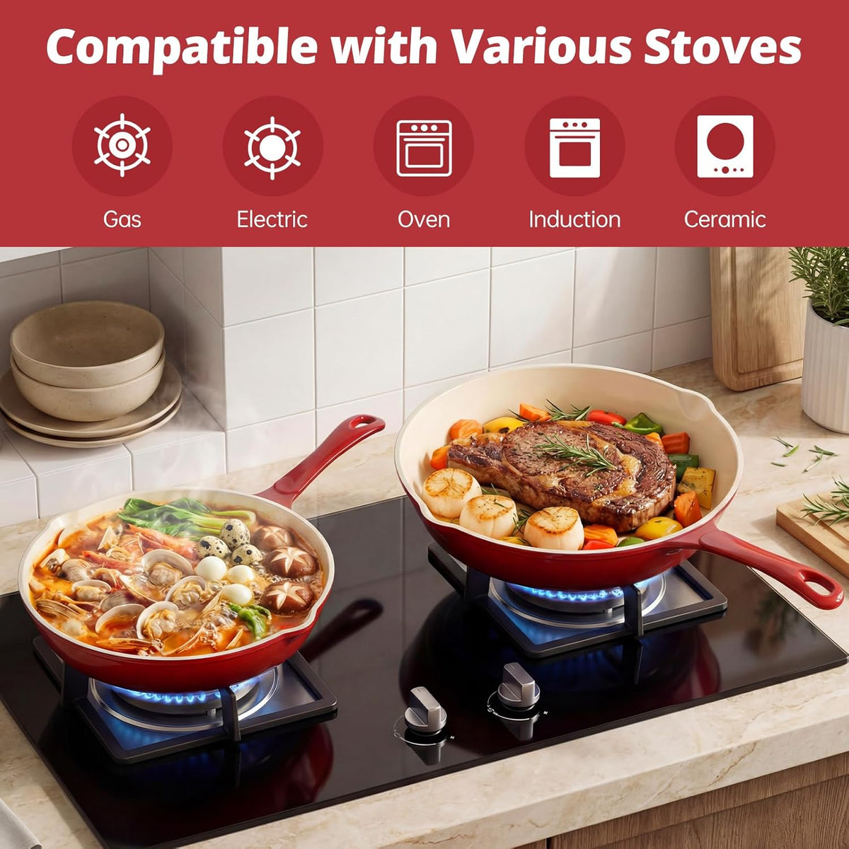 Enameled Cast Iron Skillet 3-Piece Set, Nonstick Heavy-Duty 11", 10"