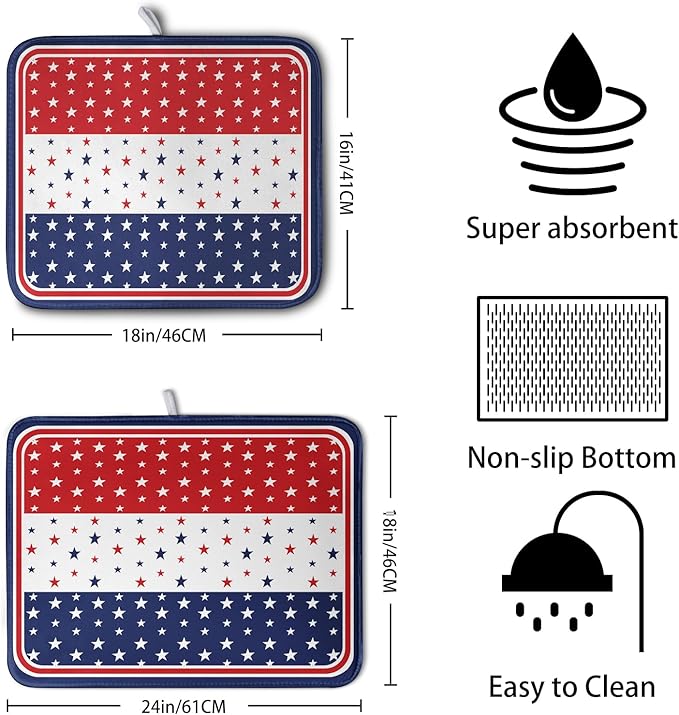 4th of July Dish Drying Mat for Kitchen Counter Patriotic Red White Blue Stars - Image 2