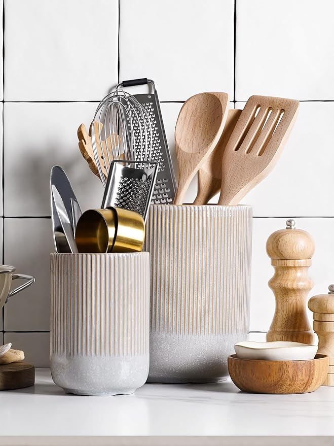 LE TAUCI Utensil Holder for Kitchen Counter, 7.3"+5.4" Fluted Ceramic Utensil - Image 3