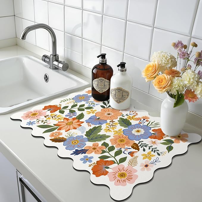 LOKHOM Scalloped Floral Dish Drying Mat, Cuttable Hide Stain Non-slip Drying Mat - Image 9
