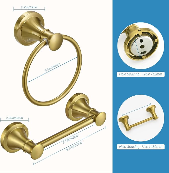 RUMOSE Toilet Paper Holder and Hand Towel Ring Brushed Gold Wall Mount Bathroom - Image 5