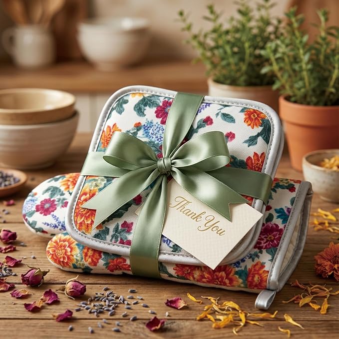 Floral Oven Mitts and Pot Holders Sets 2 Pcs, Canvas Heat Resistant Kitchen - Image 8