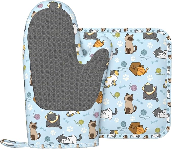 Cute Cat Oven Mitts and Pot Holders Set by Nmbvcxz