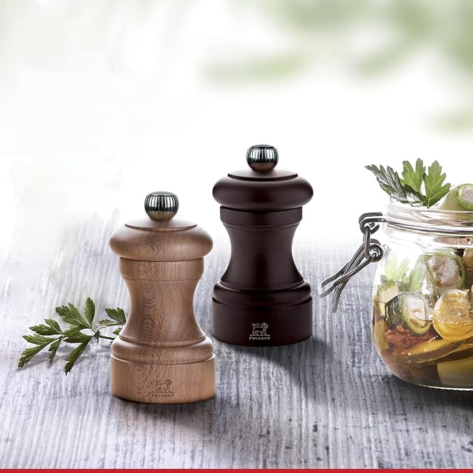 Peugeot Bistro 4 Inch Chocolate Pepper Mill and 4 Inch Natural Salt Mill Set - Image 2