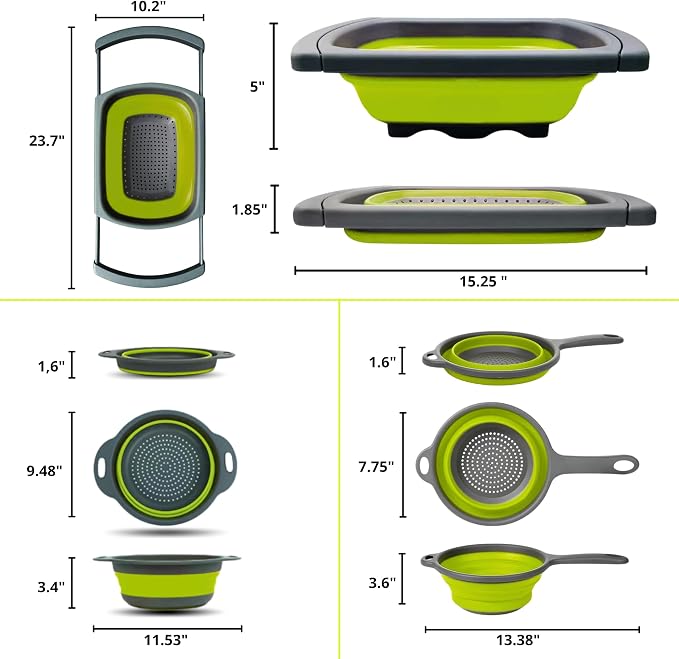 3PCS Green Foldable Kitchen Strainer Set – Silicone Colander Collapsible - Image 2