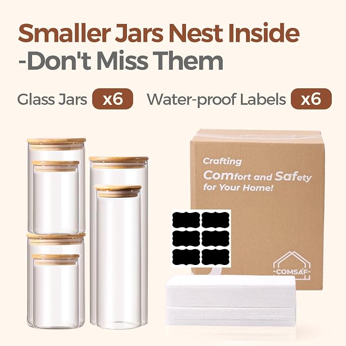 ComSaf Glass Food Storage Jars Set of 6, Canisters Sets - Image 8