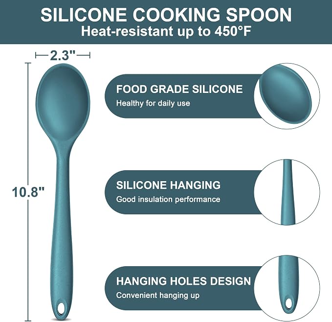 E-far Silicone Cooking Spoon Set of 2, Heat Resistant Kitchen Spoons Utensils - Image 2
