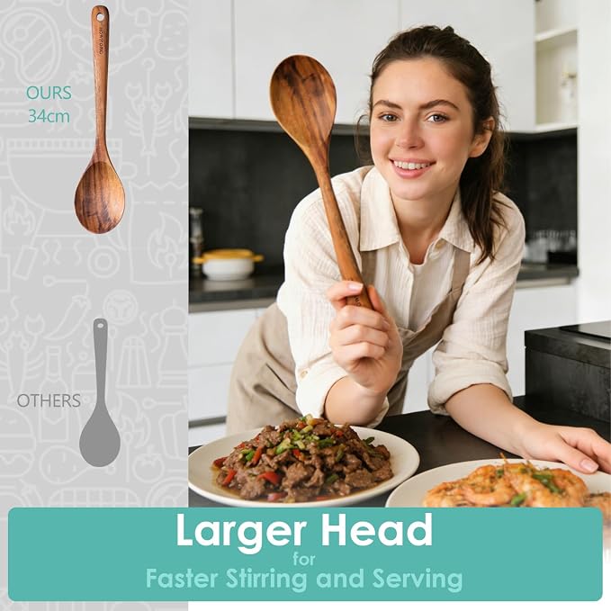 HOWHONG Wooden Cooking Spoon, Long Handle Acacia Wood Spoon - Image 6