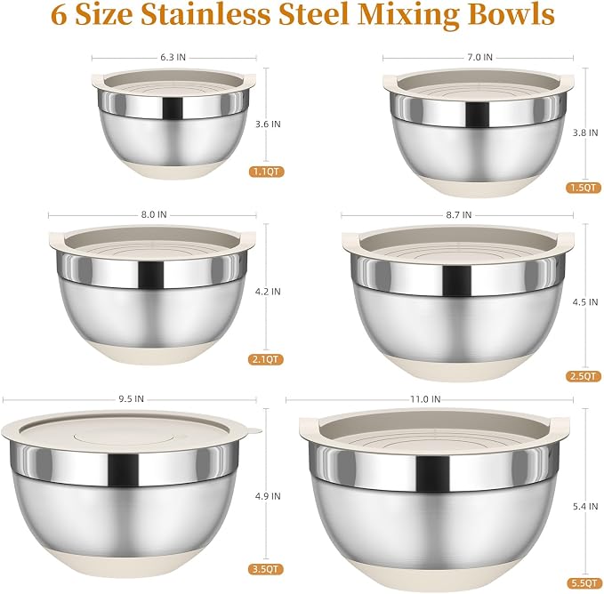 Fyrnova Mixing Bowls with Lids Set, 6 Piece Stainless Steel Nesting Storage - Image 2